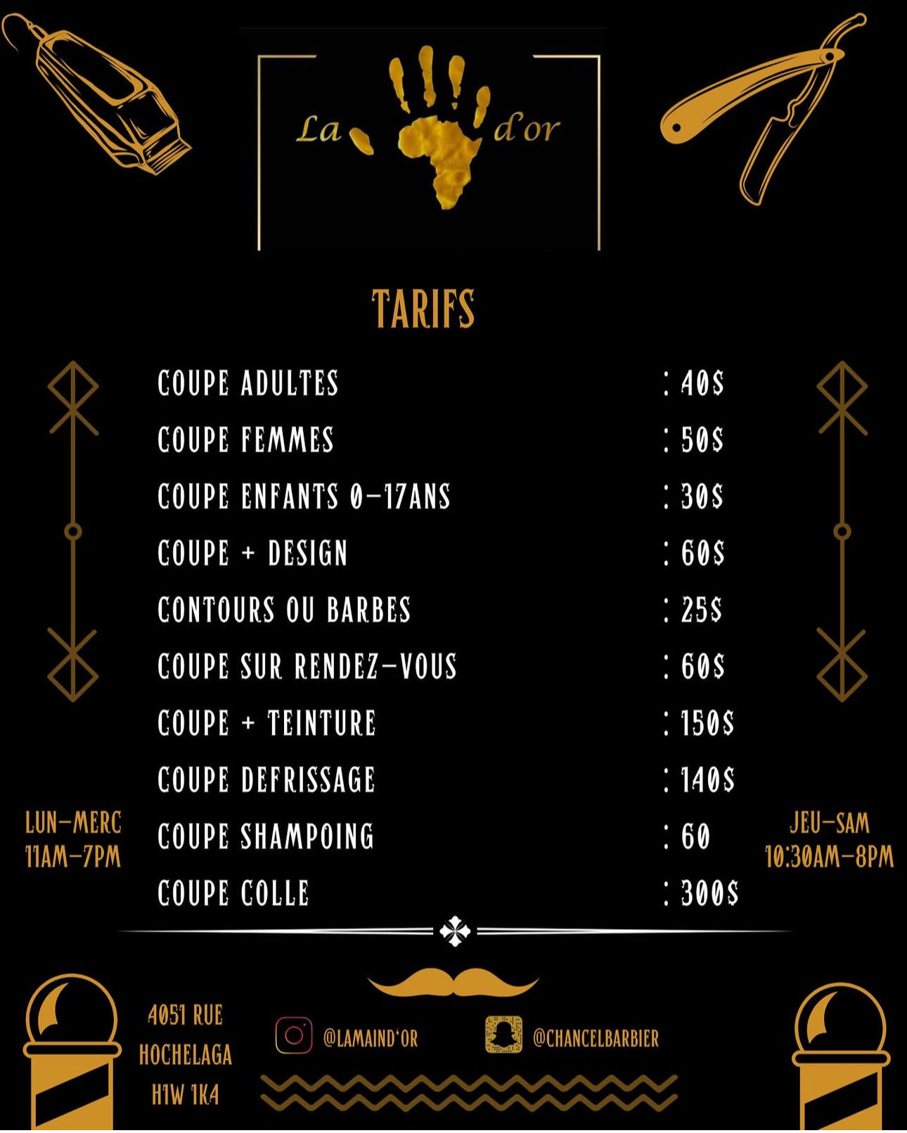 Tarifs des services